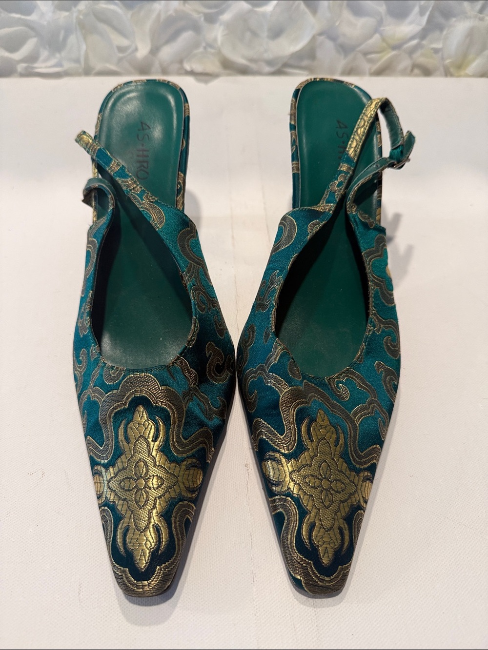 Teal and Gold Brocade Pointed Slingback Mules
